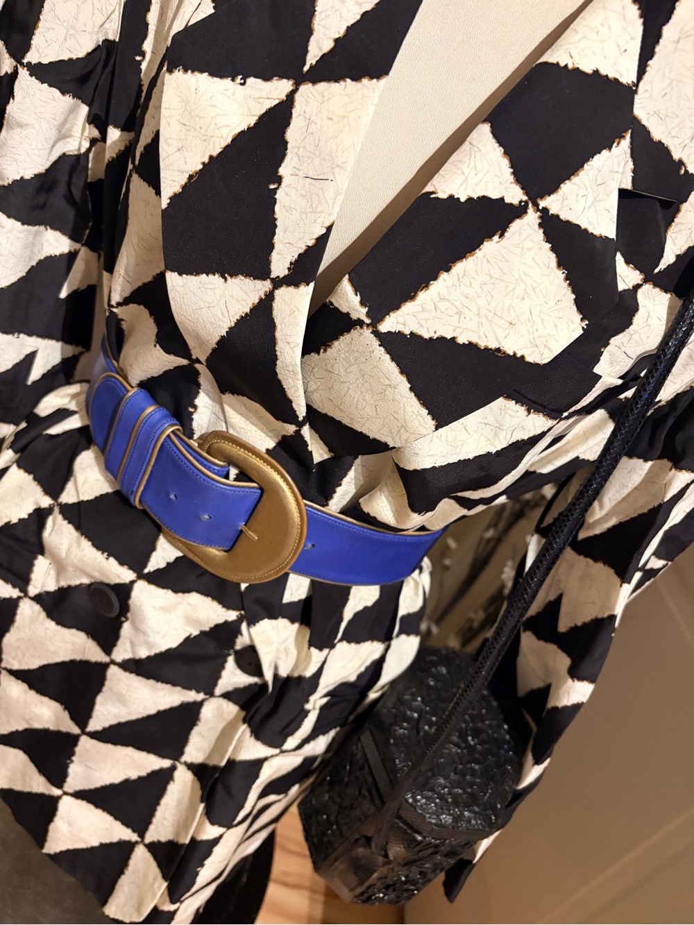 Geometric Blazer & Blue Leather Waist Belt, Snakeskin Victor Costa Bag Combo